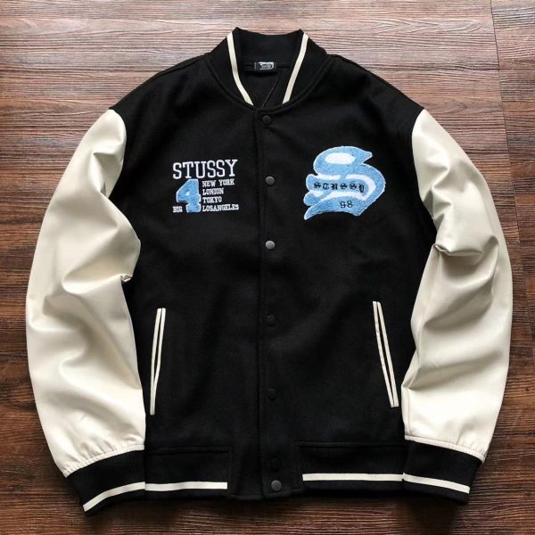 Vintage Stussy Big 4 chaqueta negra de lana de cuero