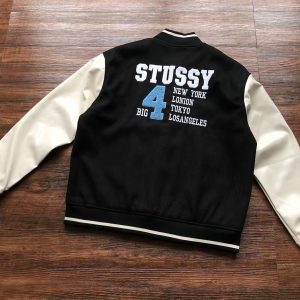 Vintage Stussy Big 4 chaqueta negra de lana de cuero